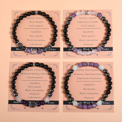 Gracayfr Anxiety Relief Bracelet Empath Protection Black Tourmaline Hematite Lepidolite Rose Quartz Healing Crystal Grief Support Items Jewelry Halloween Christmas Day Gifts For Women Lepi Ros