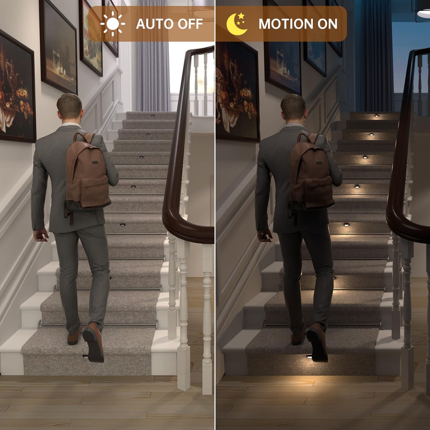 RWOFNIA Motion-Activated LED Stair Lighting Kit RW-5620-B, Warm White 2700K Mini LED Light Bulbs Suilt For Indoor Carpeted Or Wooden Staircase (8 Bulbs)