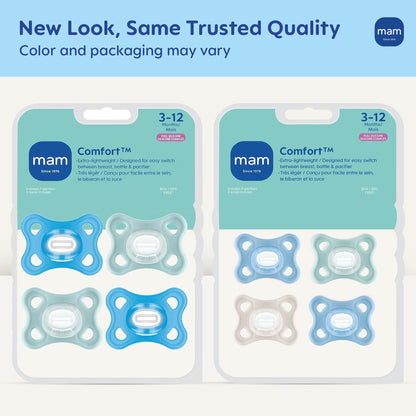 MAM Comfort Baby Pacifiers 3-12 Months Babies, Lightweight One-Piece Full Silicone Binky, BPA-Free Nipple, Easy to Clean Pacifier, Best for Breastfed Babies, 4 Count, Made in Europe