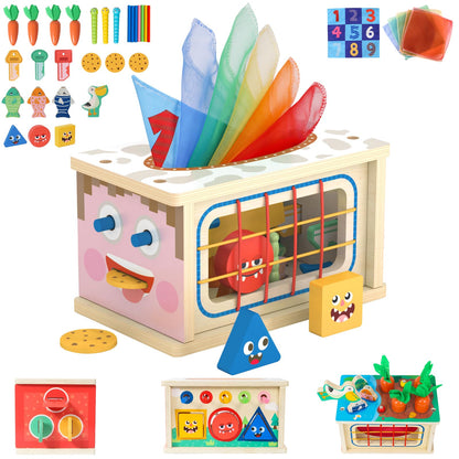 Ancaixin 8-in-1 Montessori Baby Tissue Box Toy for 12+ Months, Wooden Activity Cube, Puzzles 12-18 Months, Sensory Toys for Toddlers 1-3 Preschool Learning, 1 Year Old Boys Girls Baby Birthday Gift