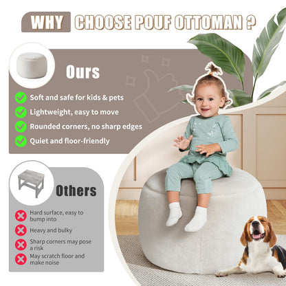 Gericco Round Stuffed Pouf Ottoman for Foot Rest, A Round Modern Foam Filled Poufs, Floor Chair for Living Room, Nursery, Dorm, A Soft Modern Foot Stool Perfect to Rest Your Feet (White, 20Inch)
