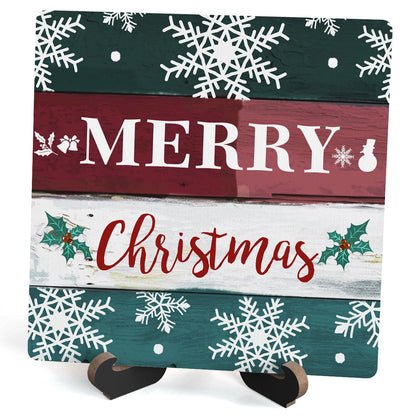Christmas Wood Plaque With Stand, Merry Christmas Desk Sign Decor for Farmhouse Home Office Table Shelf, Rustic Xmas Wood Sign Gifts for Women Men -07