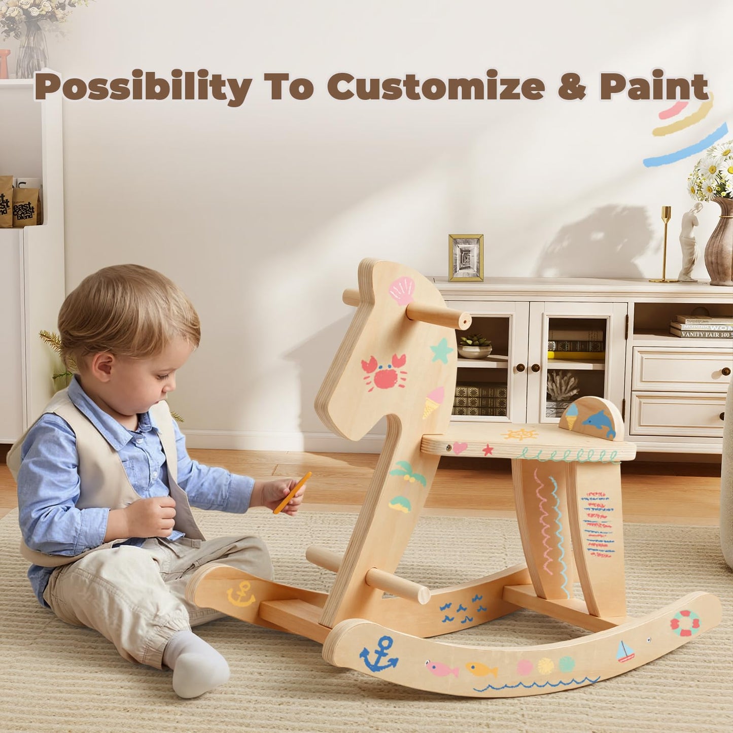 labebe - Wooden Rocking Horse, Baby Wooden Ride On Toys for 12M+, Classic Rocker Toy with Removable Fence, Toddler Riding Toy Indoor/Outdoor, Nursery Birthday Gift (Natural)