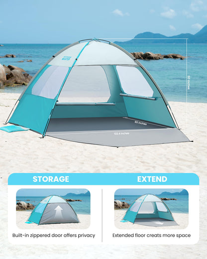 OutdoorMaster Beach Tent for 3/4 Person - Easy Setup Sun Shade Shelter, Portable Beach Shade Sun Canopy with UPF 50+ UV Protection, Removable Skylight Family Size - 4 Person Olive Green