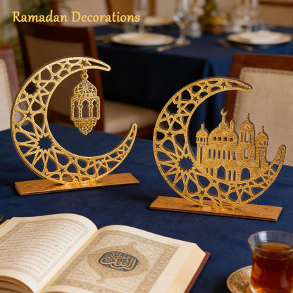 Ramadan Eid Decorations, 2 Pieces Wood Eid Decorations for Home, Gold Islamic Crescent Moon & Mosque Table Sign, Eid Mubarak Kareem Home Decor Art Craft for Muslim, Eid Centerpieces Decor