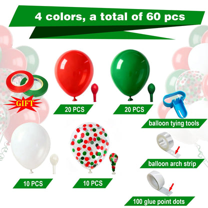 60 Pcs 12 Inch Christmas Balloons Red Green White Confetti Balloons for Birthday Wedding Festival Christmas New Year Holiday Decoration