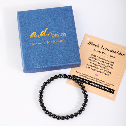 AD Beads 4mm Handmade Black Tourmaline Elastic Bracelet – Natural Gemstone for Safety Protection – Meditation, Yoga, Healing and Energy Gift for Men Women