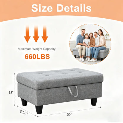 Asevlge 35" Storage Ottoman with Storage for Bedroom, Solid Wood End of Bed Bench, 660lbs Capacity Heavy Duty Foot Rest Stool, Grey Linen with Double Layer Springs