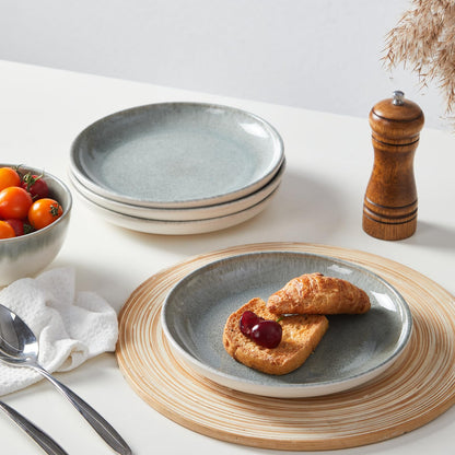 Pokini Gradient Green Stoneware Dinnerware Sets, 12 pcs Reactive Glaze Plates and Bowls Sets, Handmade Ceramic Round Dishes Set for 4, Highly Chip and Crack Resistant Modern Plate Set