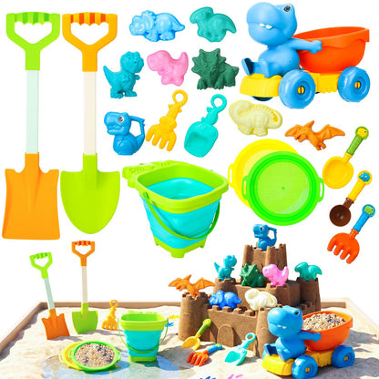 Guiqulai Beach Toys, Dinosaur Sand Toys Include Molds Foldable Bucket Mesh Storage Bag Shovels Dump Truck, Summer Sand Toys for Toddlers Kids