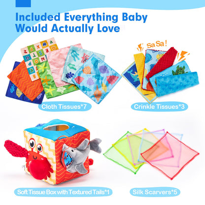 hahaland Baby Tissue Box Toy - Baby Toys 6-12 Months Montessori Toys for 6 Month Old with Textured Tails, Crinkle Tissues, Squeaky, Mirror, Play Silks Sensoy Scarves Baby Gifts 9 Month Old Travel Toys