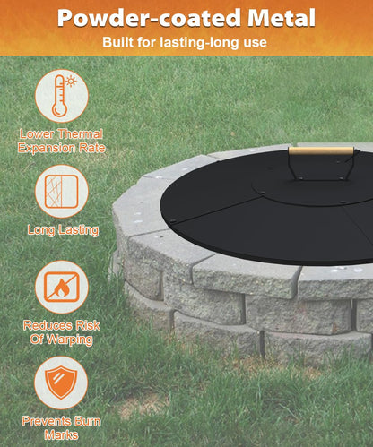 Ardier 28" Wooden-Handle Fire Pit Lid for Pits up to 26", Round Metal Bonfire Pit Burner Pan Cover, Smokeless Fire Pit Cover for Fire Tables, All-Weather Resistance Outdoor Firepit Accessory