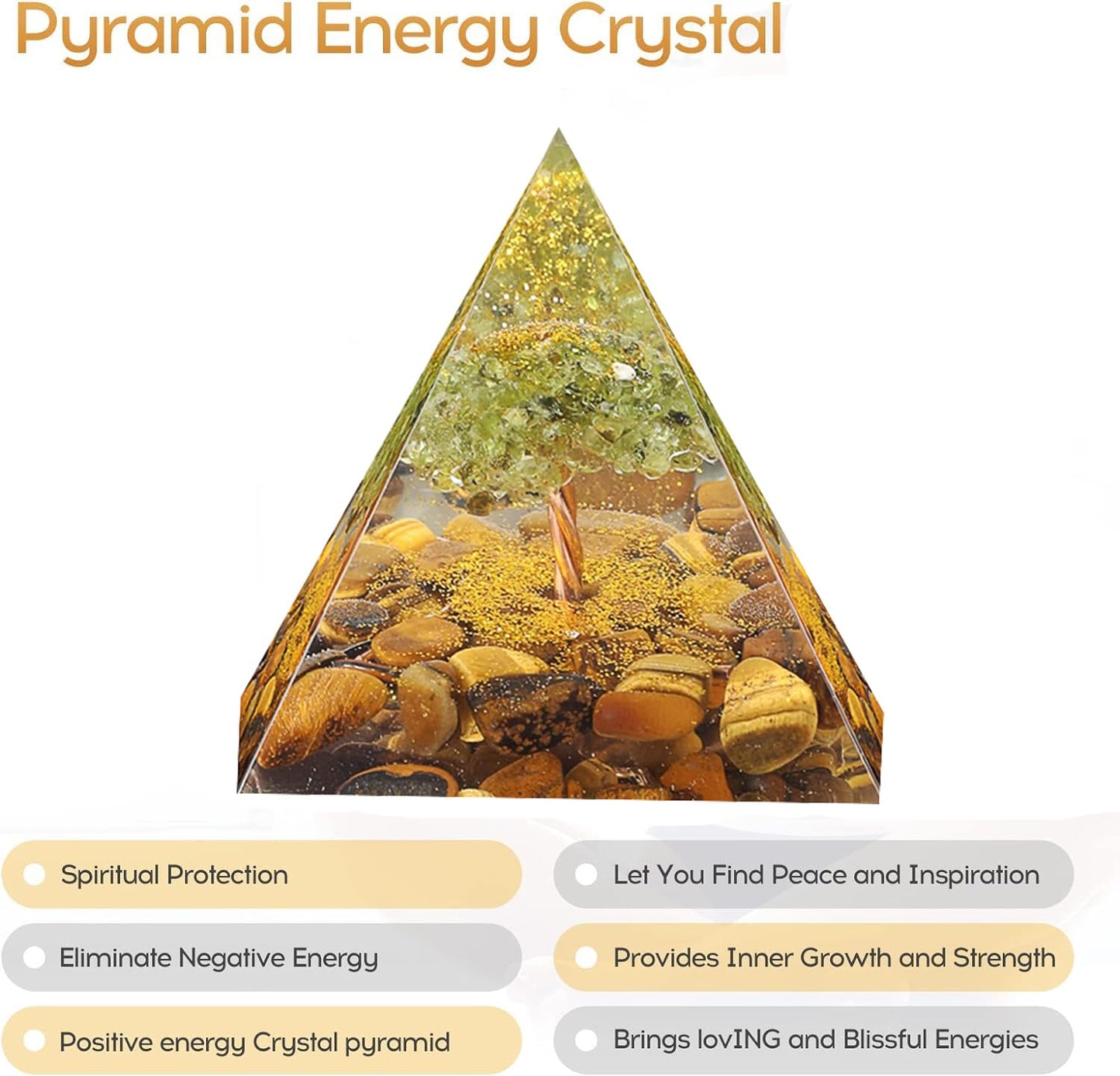EternalOrgone Tree of Life Orgone Pyramid for Positive Energy, Orgonite Peridot&Tiger Eye Healing Crystal Pyramids for Reduce Stress Chakra Reiki Healing Meditation Attracts Lucky and Success