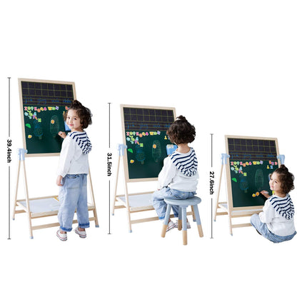 QZMTOY Kids Art Easel, Deluxe Standing Easel Set, Adjustable Art Table, Dry Erase Board&Chalkboard Double Sided Stand, 360°Rotating Drawing Easels with Art Supplies, Adjust Height 28-39in
