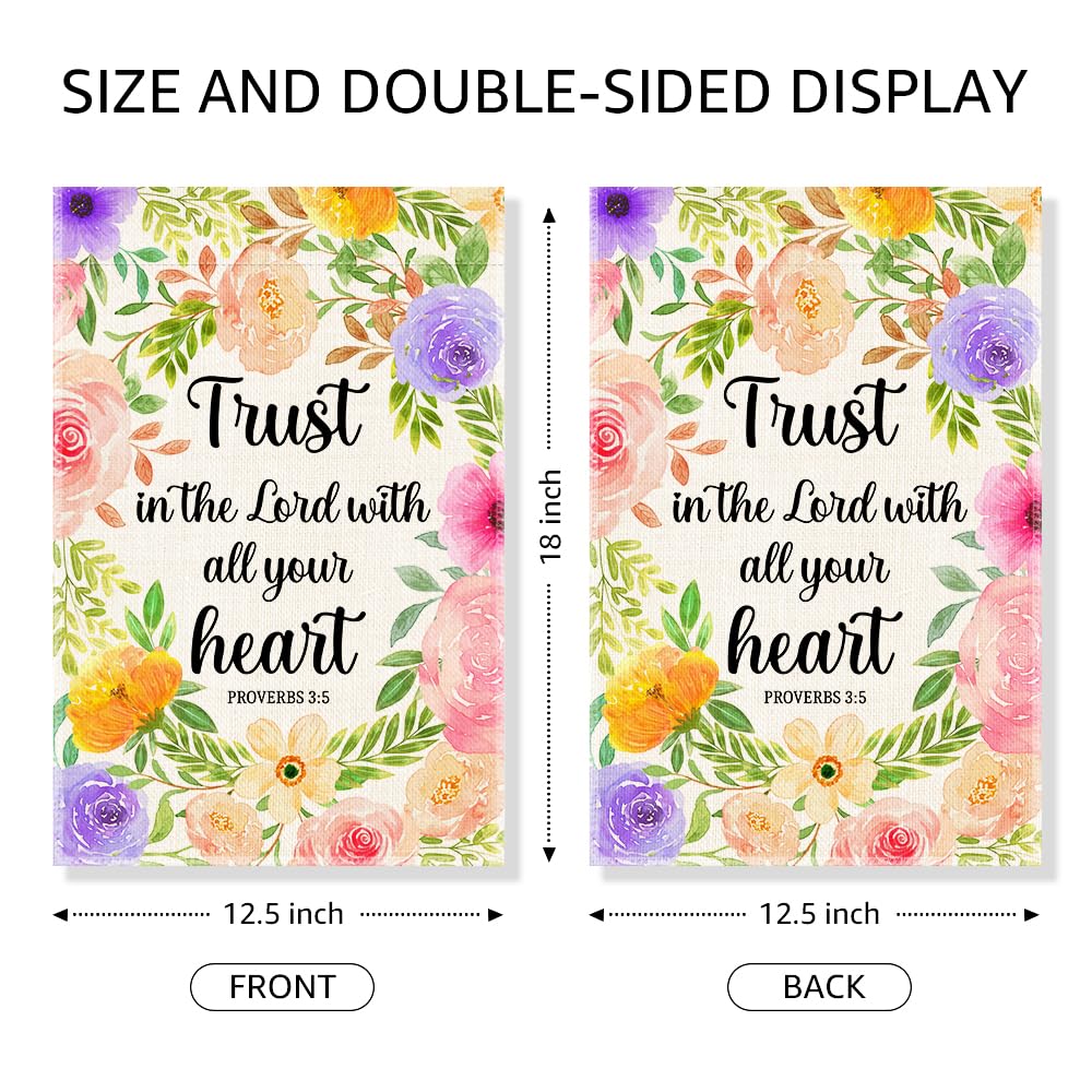 Gkodw Trust In The Lord With All Your Heart Garden Flag, Funny Floral Welcome Spring Summer Yard Flag, Christian Flags for Outside, Bible Verse Religious Garden Flags, Christian Yard Sign Lawn Décor