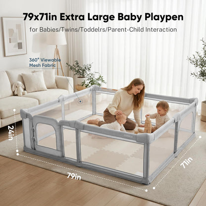 Cosola Foldable Baby Playpen for Toddlers & Babies, Large Play Yard with Mat, 79"x71" Extra Large Safety Playpen for Indoor Outdoor, Anti-Escape Dual Door Play Pen for Infants,Grey