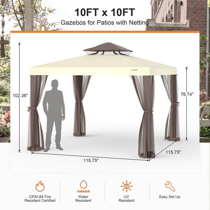 Patio Gazebo Tent Outdoor Canopy Shelter 10'x10' with Removable Netting,100 Square Feet of Shade for Garden, Backyard Deck and Lawns (Beige)