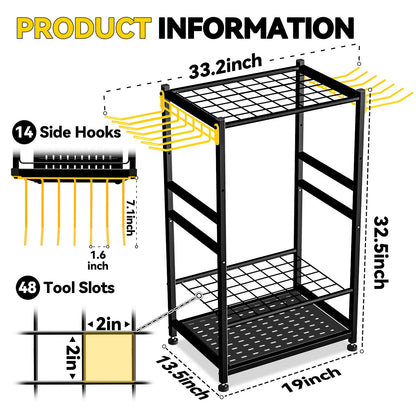 BlumeTrec Garden Tool Organizer, Up 48 Long Handle Tool, Garage Storage and Organization with Side Hook for Broom/Rake/Shovel/T-Handle Tool, Heavy Duty Steel Outdoor Tool Rack,Yard Tool Stand for Shed