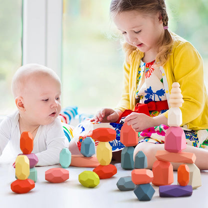 OESSUF Stacking Rocks 48Pcs Stacking Blocks Balancing Stacking Stones Wooden Building Toys Wood Stone Stacking Game for Toddler Sorting Preschool Educational Montessori Stacking Rocks for Kids
