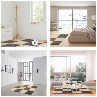 12 pcs Thickened Plush Interlocking Floor Mat 0.6" Thick- Fluffy Square Tiles with 12 Edgings Soft Anti-Slip Puzzle Area Rug Playmat for Room (11.8", Gray & Light Brown)