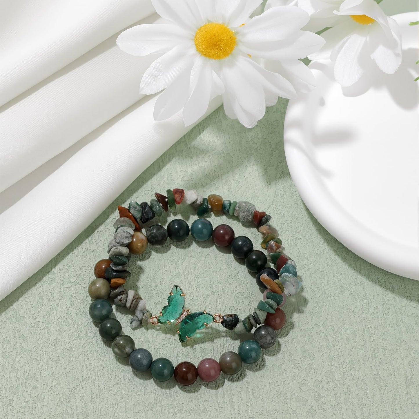 GolbalJew Indian Agate Beaded Bracelet for Women Healing Crystal Stone Beads Stretch Bracelets Butterfly Charms Jewelry Women Gift