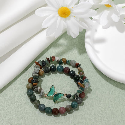 GolbalJew Indian Agate Beaded Bracelet for Women Healing Crystal Stone Beads Stretch Bracelets Butterfly Charms Jewelry Women Gift