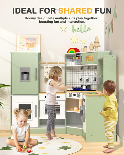 Babytronic Corner Wooden Play Kitchen Set for Kids w/Lights & Sounds, Pretend Play Kitchen Playset with Stove, Microwave, Ice Maker & Accessories, Perfect for Toddlers & Multiple Children (Green)