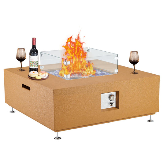 Outdoor Fire Pit Table 36 Inch, Outdoor Fire Pit Patio Fireplace Heater with Thermostat, Iron Yellow Leather-Color Fire Pit with Glass Wind Shield, Crystal Stones, Covers & Handles