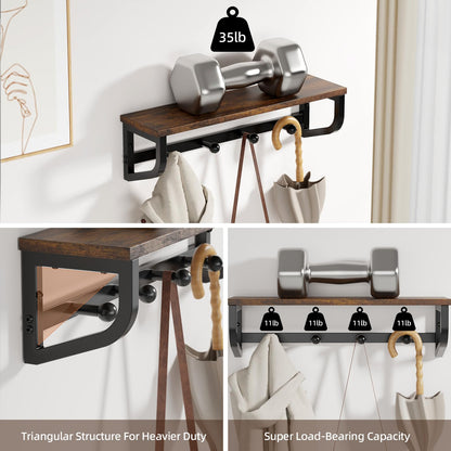 NANAGIFTREE Coat Rack Wall Mount, Wood Wall Shelf with Hooks, Coat Hanger Wall Mount with 4 Metal Hooks, Wall Mounted Coat Rack Organizer for Entryway, Bedroom, Living Room, Room Decor, Brown