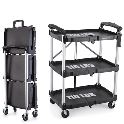 FUTURELAB Portable Folding Service Cart - 3 Tier 330LBS Capacity - Rolling Utility Foldable Cart with Wheels for Warehouse Home Workshops Garages Restaurants Offices