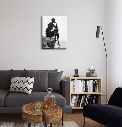 Black White Abstract Figure Wall Art Decor Modern 3D Textured Black White Grey Pictures Poster Minimalist Abstract People Canvas Painting Prints Artwork for Living Room Bedroom Framed 12x16 Inch