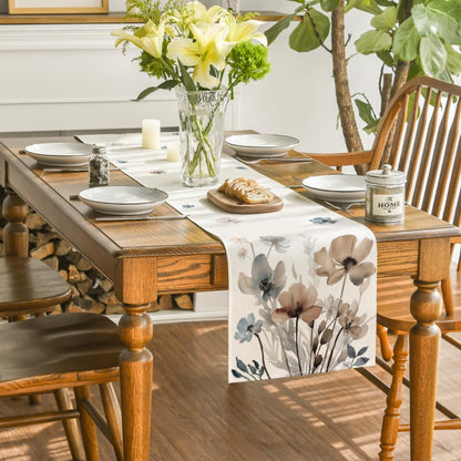 Artoid Mode Brown Poppy Floral Leaves Spring Table Runner, Seasonal Summer Kitchen Dining Table Decoration for Home Party Decor 13x108 Inch