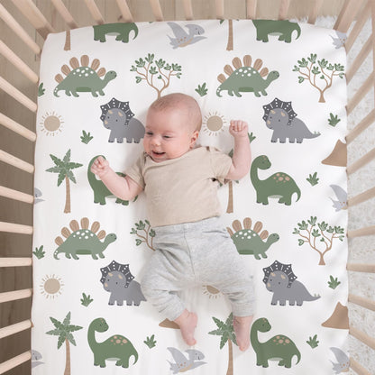 The Peanutshell 3 Piece Baby Crib Bedding Set for Boys - Newborn, Infant & Toddler Nursery Bed Set Decor with Fitted Crib Sheet, Dust Ruffle Comforter - Dinosaur Dreams