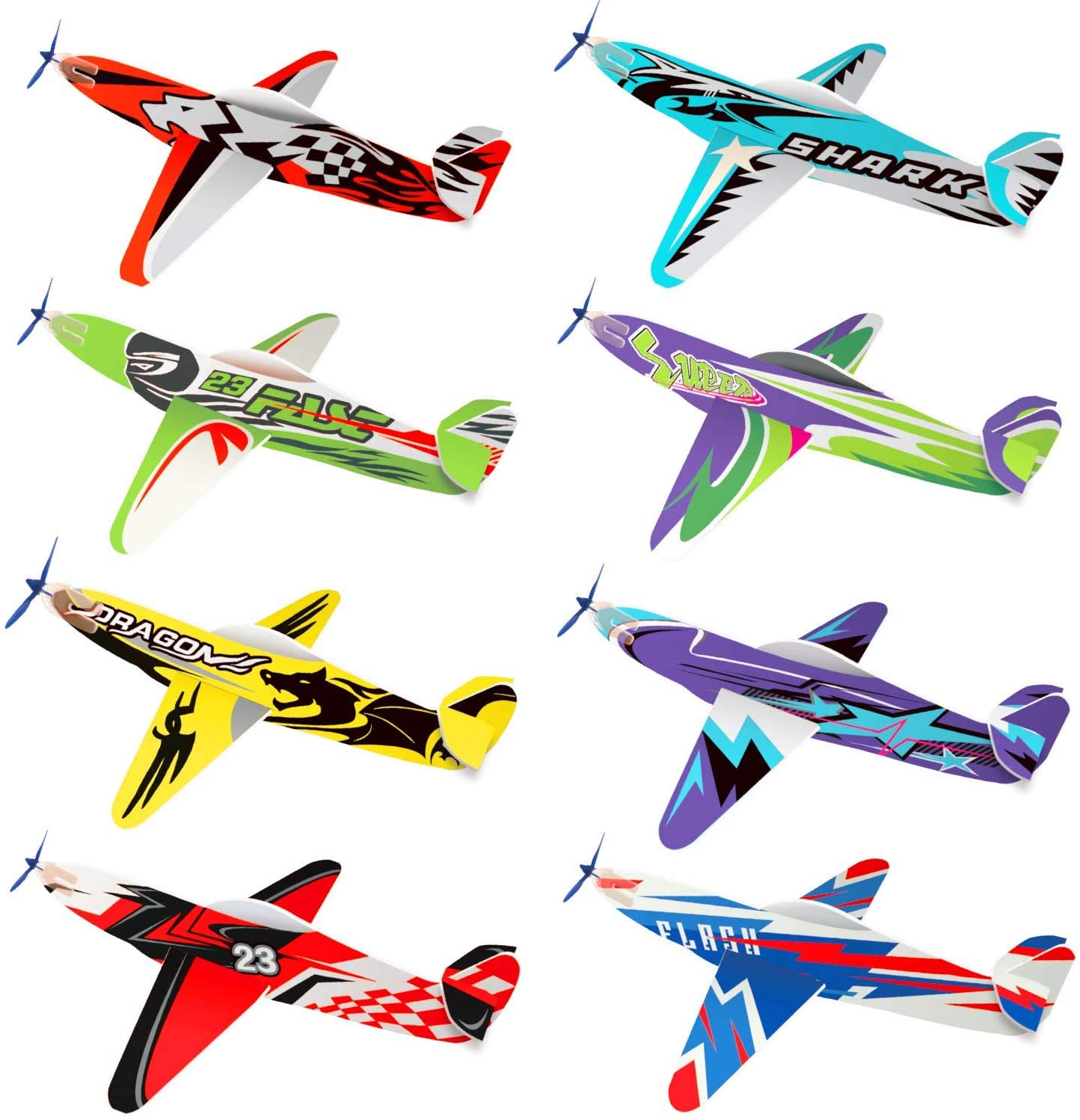 JOYGOGO 32 Pack Glider Planes,8" Long Flying Glider Plane,8 Different Designs,Easy Assembly,Durable Quality-Kids Party Favors for Valentines Airplanes,Birthday Party, Carnival Prizes