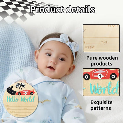 Baby Announcement Sign, 5.9 Inch Wooden Hello World Newborn Sign,Welcome Baby Signs,Birth Announcement Signs,Newborn Name Personalized for Photo Prop race car Design Hospital Nursery (Green,Red car)