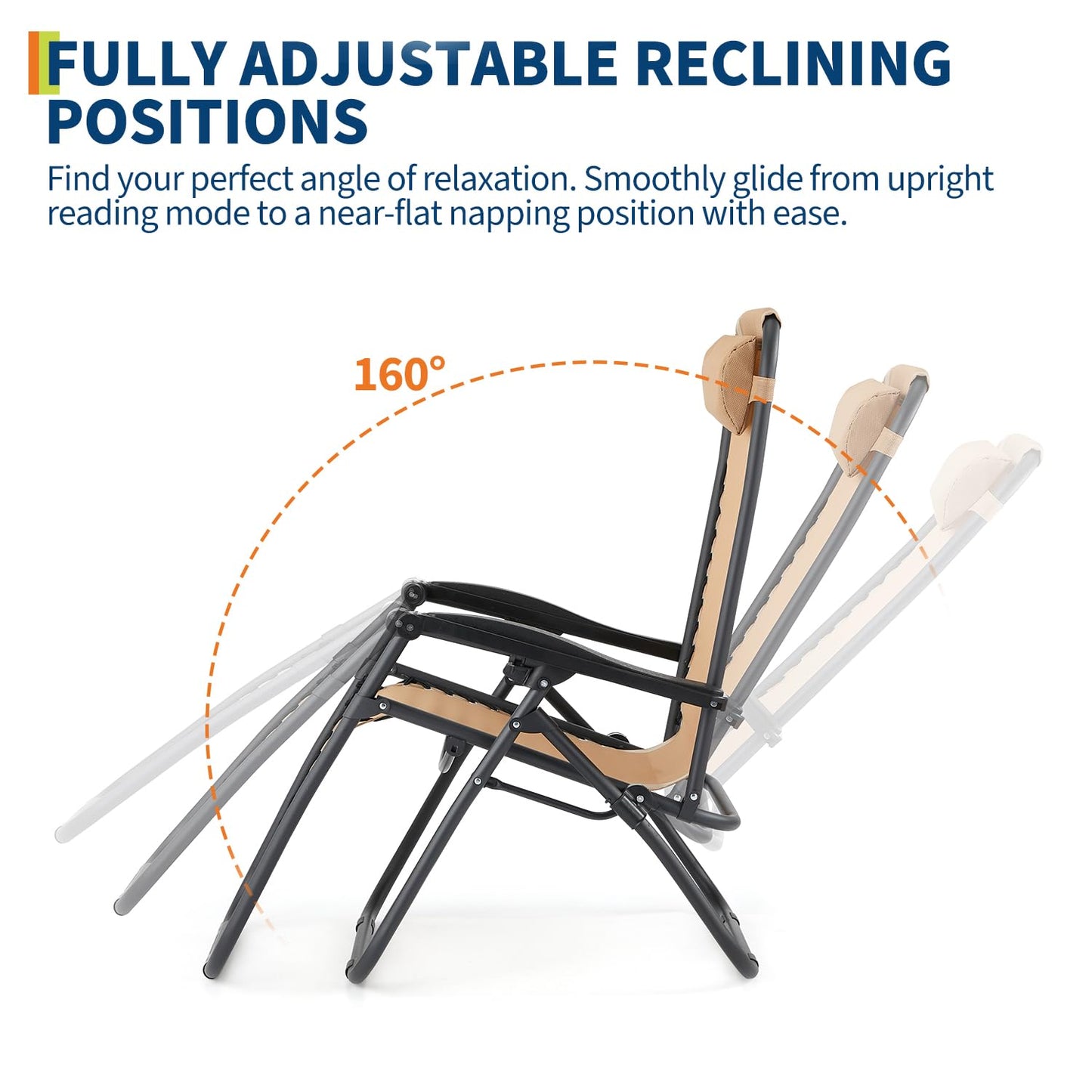 Patio Lounge Chairs Set of 2, Outdoor Recliner with Side Tray & Headrest - Heavy Duty Steel Mesh Folding Chairs, Adjustable Portable Camping Lawn Chairs for Poolside, Beach, Backyard, Deck