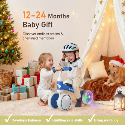 Colorful Lighting Baby Balance Bike Toys for 1 Year Old Boys Gifts, Balance Bike 1 Year Old No Pedal, 12-24 Months Toddler Ride on Toys with 4 Silent Wheels & Soft Seat, 1st Birthday Gifts, Blue