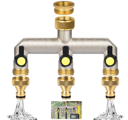 Anstore Garden Hose Splitter, 3/4" Water Hose Splitter 3 Way Heavy Duty with 3 Black Handle, Brass Nickel Plated Outdoor Faucet Splitter Water Spigot Splitter Manifold Rust and Freeze Resistant