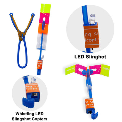 Rocket Slingshot Flying with LED Lights Glow The Dark Party,12 Launchers + 12 LED Helicopters,Slingshot Amazing Arrow Helicopter Glow Supplies for Kids (24 Pieces)