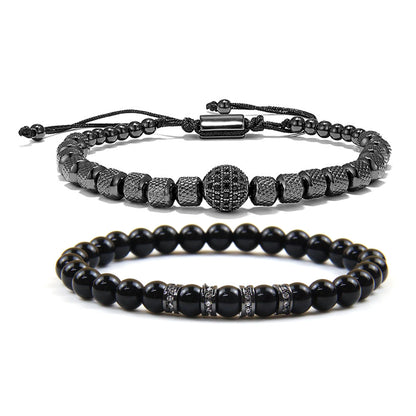 Men's Beaded Bracelets - 6mm Obsidian Stainless Steel Bracelet With Cubic Zirconia Beads - Adjustable Bracelet Set for Couples, Boyfriend, Husband (Black)