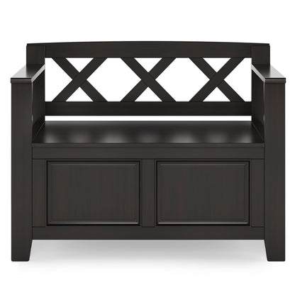 SIMPLIHOME Amherst Entryway Storage Bench - 36 inch Wide Solid Wood Hallway Bench in Hickory Brown, Transitional Bench for Entry or Mudroom with Lift-Up Lid, Storage Compartments and X-Back Detail