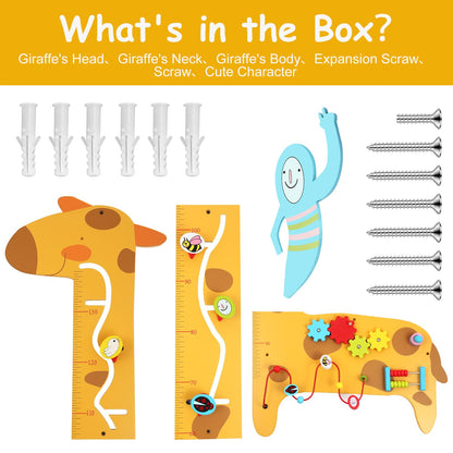 Dollox Giraffe Activity Wooden Wall Panels, 7-in-1 Toddler Multifunctional Busy Board Sensory, Interactive Educational Toy Montessori Wall Decor Preschool Toy for Daycare Activity Center Livingroom