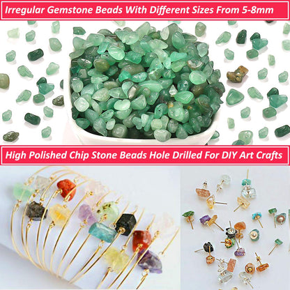 420PCS Chip Stone Beads Green Aventurine, Irregular Gemstones Healing Crystal Loose Beads Crushed Chunked Crystal Pieces Hole Drilled for DIY Art Crafts Jewelry Making (Green Aventurine)