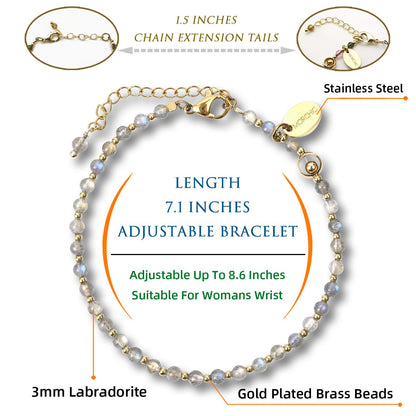 Morchic 3mm Gray Labradorite Natural Gemstone Beaded Bracelet for Women, Dainty Tiny Charm Jewelry, Adjustable 7.1-8.6", Ideal Birthday Holiday Gift