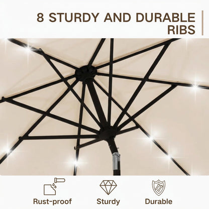 Kingdura 10FT Outdoor Patio Umbrella with Solar Lights, Market Table Umbrella with Push Button Tilt & Crank, 8 Sturdy Ribs, 32 LED Lights, UV Protection for Garden Lawn Deck Backyard Pool (Beige)