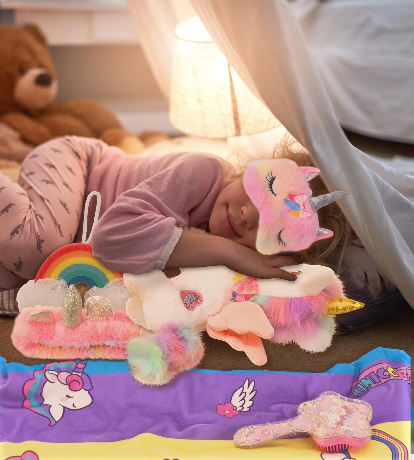 LSSAGOON Unicorn Birthday Plush Toy Gifts Gift Set for Girls Age 3-5 6-8 9-12,Bath Toys Gifts Set with Bath Towels,Headband,Bath Sponge,Sleep Mask,Comb etc.for Christmas,Easter Gifts