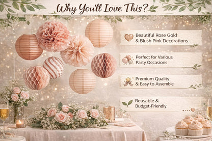 Decorative Paper Pom Poms and Lanterns Set, Rose Pink and White, Party Hanging Decor for Celebrations and Events