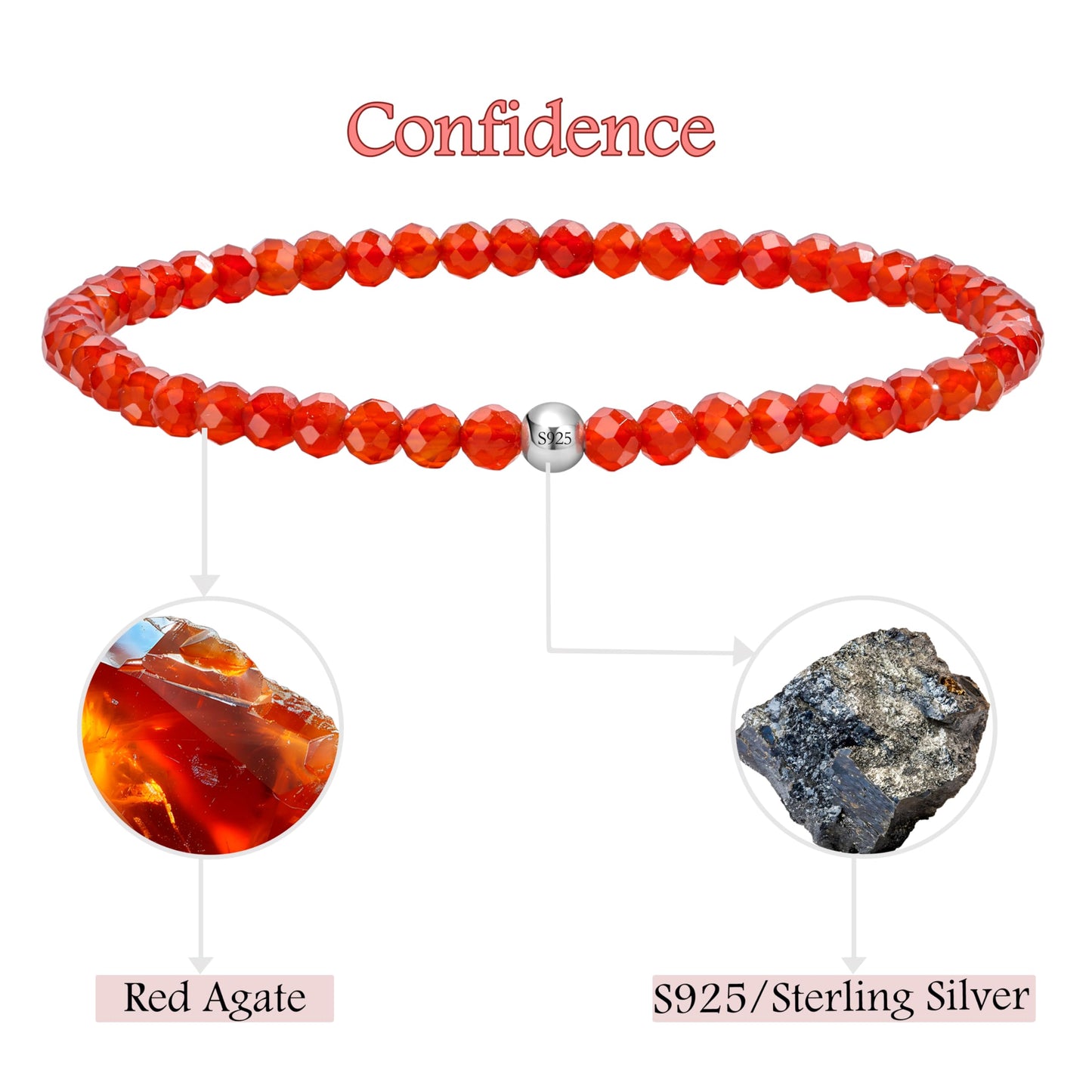 Farfume Red Agate - Confidence - Beaded Bracelets for Women,Handmade Natural Stone 4mm Beads 925 Sterling Silver Stretch Bracelets, Chakra Crystal Gemstone Jewelry Gifts for Mom