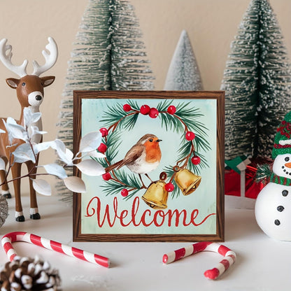 Welcome Sign Decorative Wooden Framed Sign Christmas Decor Sign Winter Robin and Berries Wall Art for Christmas, Entryway, Home 8x8 Inch