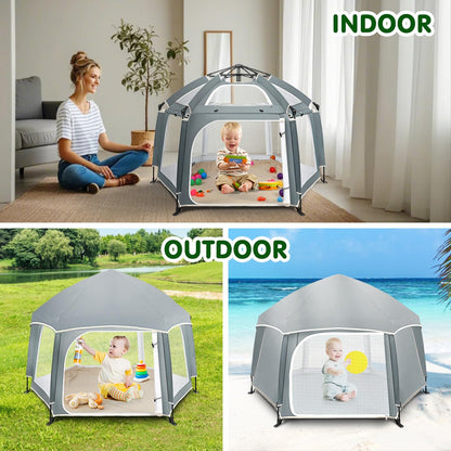 Zooawa Pop Up Playpen for Baby, 150*100 cm(L*H) Playpen for Babies and Toddlers with Removable Sun-Shades& 2 Side UV Covers, Lightweight Outdoor Baby Play pen for Beach Home with Travel Bag,Light Gray